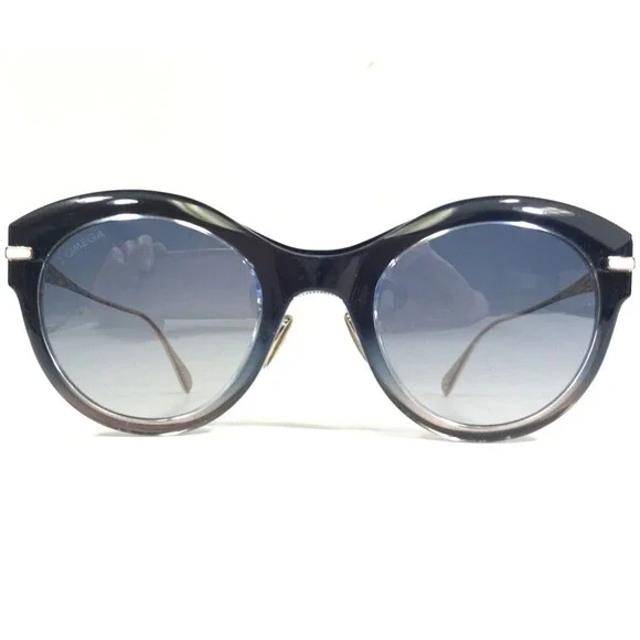 Omega Sunglasses OM 0023-H 92X Clear Blue Gold Cat Eye Frames with Blue Lenses
