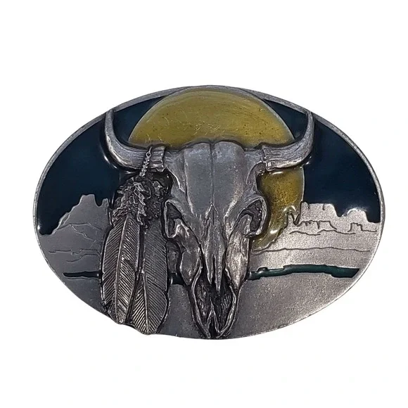 VTG Arroyo Grande Silver Enamel Skull Belt Buckle Feathers AG Western Cowboy USA