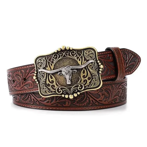 LALATCH Western Cowboy Belt Men Women Longhorn Bull Gold Buckle Coffee Waist
