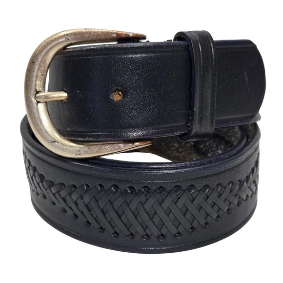 Azia Leather Woven Basketweave Belt Mens 36 Navy Blue Full Grain Silver Buckle