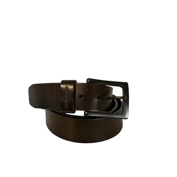 Vtg Carhartt Top Grain Leather Brown Leather Belt Size 44 Distressed Blk Buckle