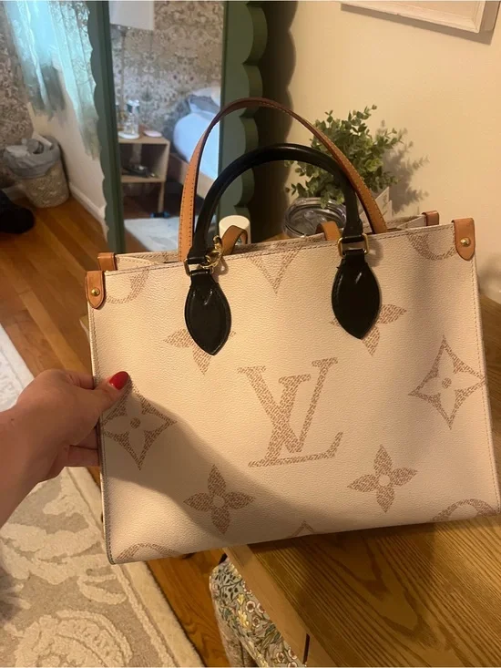 Louis Vuitton Cream & Tan Monogram Tote with Black Handles