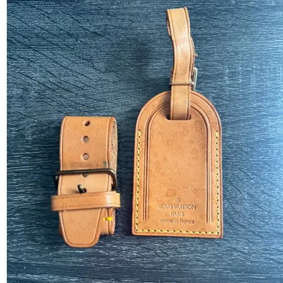 Authentic‎ Louis Vuitton Vachetta Leather Name Luggage Tag And Poignet Set SN222
