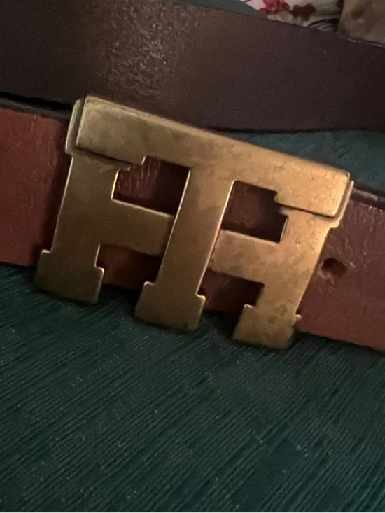 Men's Brown Leather Tommy Hilfiger Belt with Brass TH Buckle