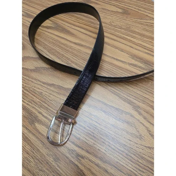 Lauren Ralph Lauren Black Croc Embossed Leather Belt Silver Buckle 33