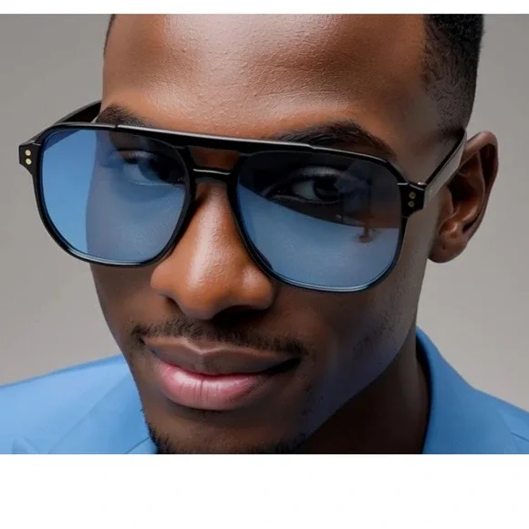 Men‎ Sunglasses Blue Lens Pilot Style Retro Rectangular Outfit Trendy Model 2026