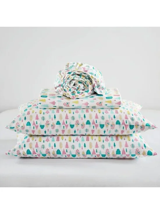 Cozy Soft 100% Cotton Flannel Sheet Set - Festive Holiday Trees, Deep Pocket
