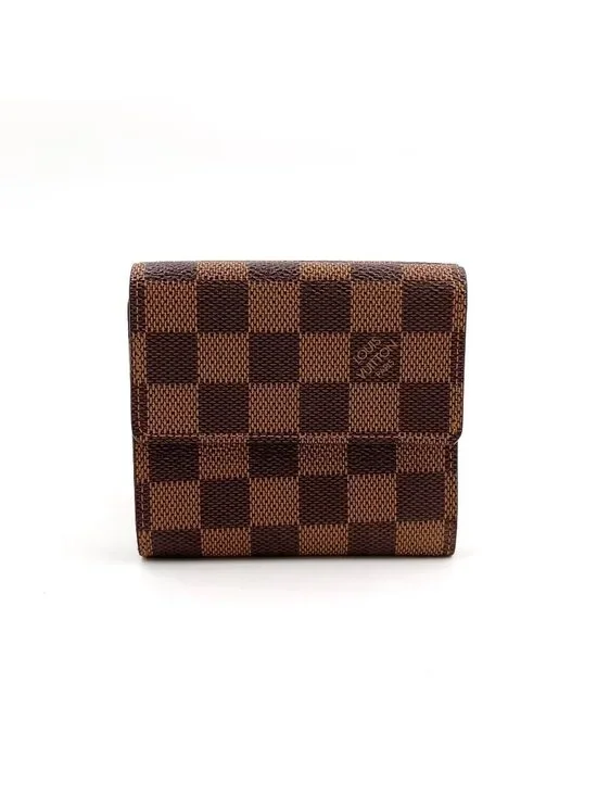 Louis Vuitton Portefeuille Elise Damier Ebene Leather Brown Hook Wallet Gold