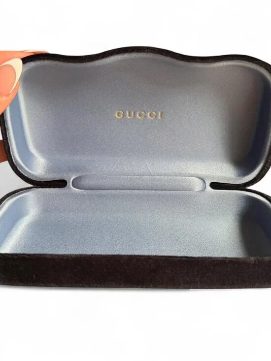 Gucci clamshell sunglasses case exterior black velvet and metallic blue interior