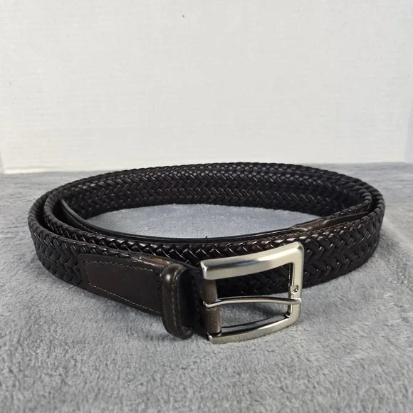 Alfani Mens Braided Belt Dark Brown Bonded Leather Silver Buckle Size 50 125