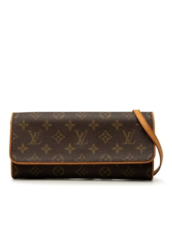 Louis Vuitton Monogram Pochette Twin GM Crossbody Shoulder Bag Brown Leather