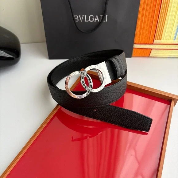 Bulgari Black Leather Belt with Silver Double Circle Buckle