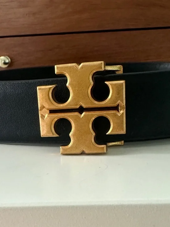 Tory Burch Black Leather Belt with Gold Double-T Buckle New
