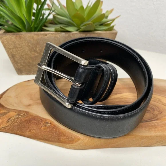 Brooks Brothers 346 Black Genuine Leather‎ Belt Silver Buckle Mens Size 36