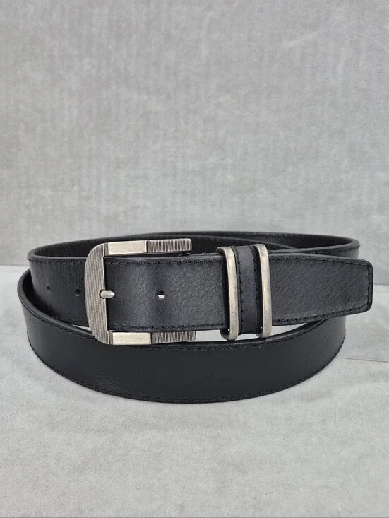 Genuine Leather belt men's 42 black antiqued brushed silvertone buckle