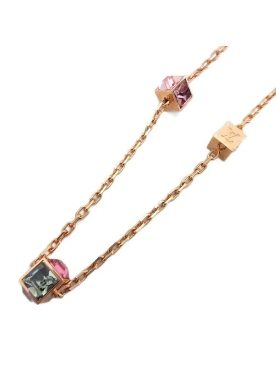 Louis Vuitton Collier Gamble Necklace LV Logo Cube Rhinestone Gold