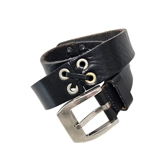 Express Women Belt Medium Black Italian Leather Lace Up Grommet 90s Y2K Emo Indy