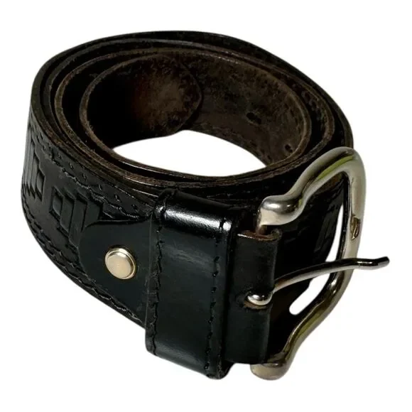 Vintage‎ Italian Leather Aztec Pattern Belt Black Vero Cuoio Men’s Size 40