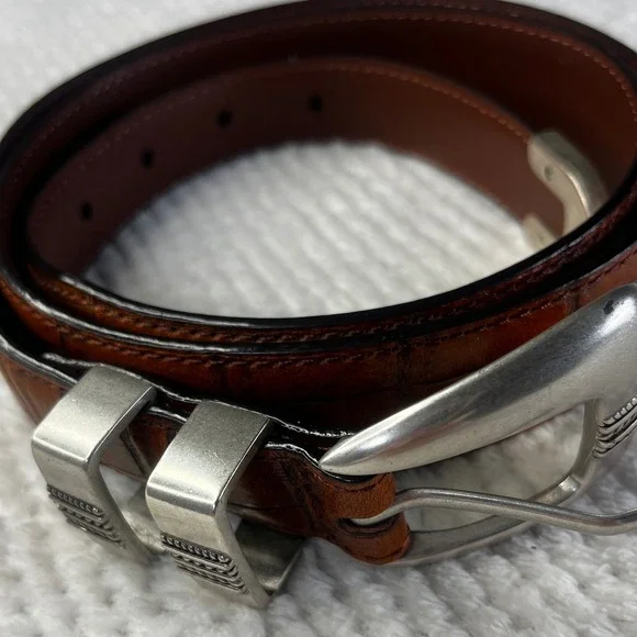Jos.‎ A. Bank Mens 38 Cognac Brown Croc Embossed Leather Western Buckle Belt T46