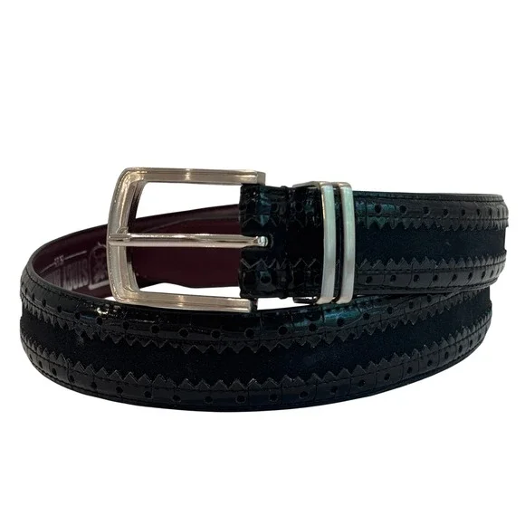 Stacy Adams Dress Belt Mens 34 Black‎ Croc Suede Brogue Detail SA537-001 Silver