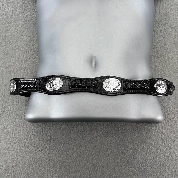 VTG Black Basketweave Leather Western Cowboy Belt Silver Conchos Men's 36