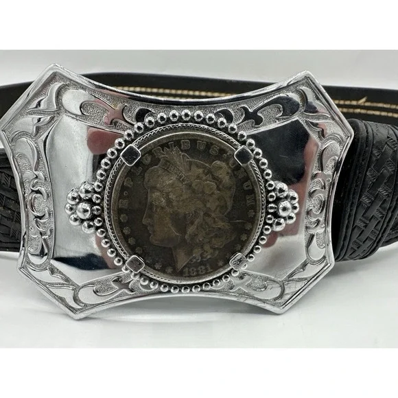 1881 Morgan Silver Dollar Coin Western Leather Belt Size 40 Cowboy Buckle