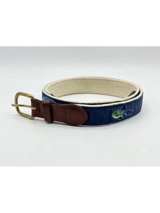 Vintage Tropical Fish Embroidered Ribbon Belt - Navy Solid Brass Buckle Size 36
