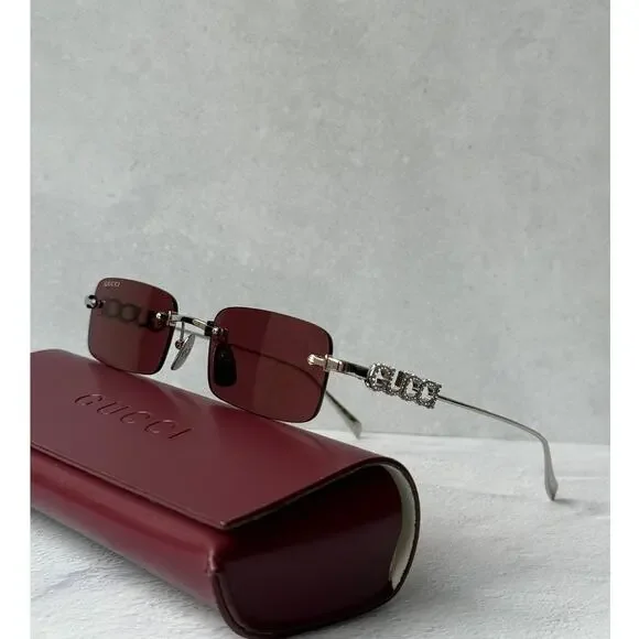 NEW Gucci GG1808S Silver Crystal Rimless Red Lens Sunglasses