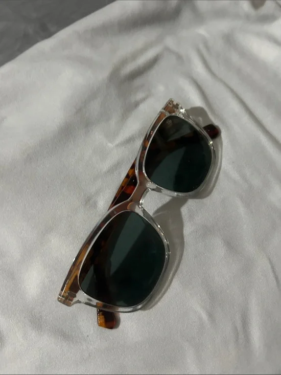 Clear Frame Sunglasses with Tortoiseshell Temples - Dark Green Lenses