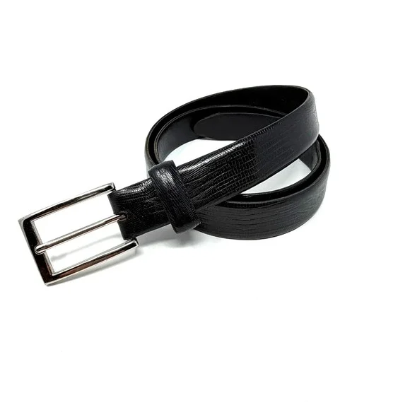 Jos A Bank Mens Size 38 Black Genuine Leather Lizard Embossed Belt Silver Buckle