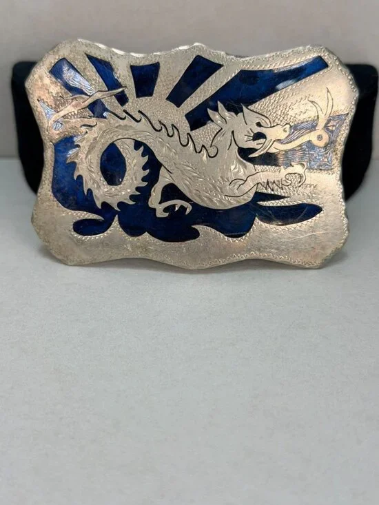 Vintage Japanese Dragon Belt Buckle Blue Enamel Silver Tone Asian Art