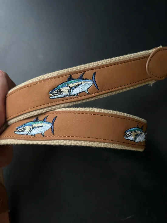 NWOT Guy Harvey Tan Leather Belt with Multicolor Tuna Embroidery