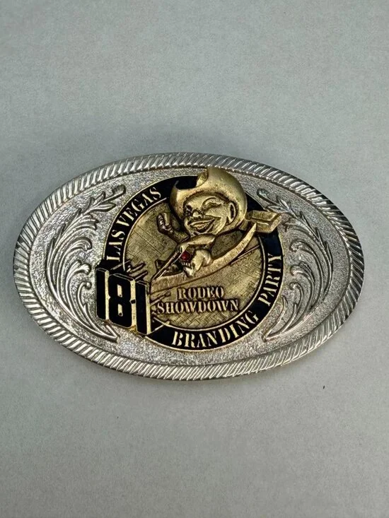 1981 Las Vegas Rodeo Showdown Branding Party Cowboy Belt Buckle Vintage