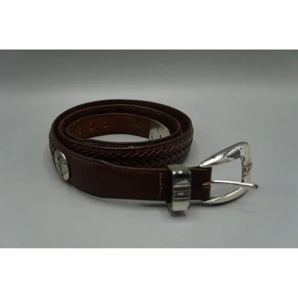 Vintage Golf Concho Braided Brown Leather Belt Mens Size 40 Silver Tone Buckle
