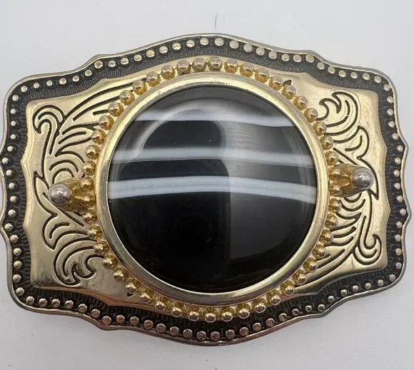 Western Style Gold-tone Belt Buckle with Center Black Cabochon Stone
