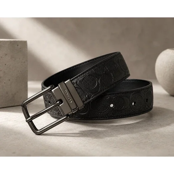 Coach Men’s Reversible Belt Black Signature Embossed Size 42 Gunmetal Classic