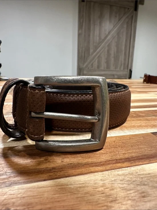 Johnston & Murphy Brown Perforated Leather Belt with Brushed Silver Buckle 448