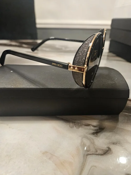 Jimmy Choo Black & Gold Round Sunglasses with Glitter Side Panels
