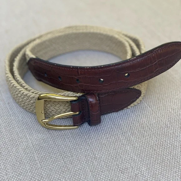 Men's woven Braided Tan and Brown Leather Belt 54/56 Brass buckle
