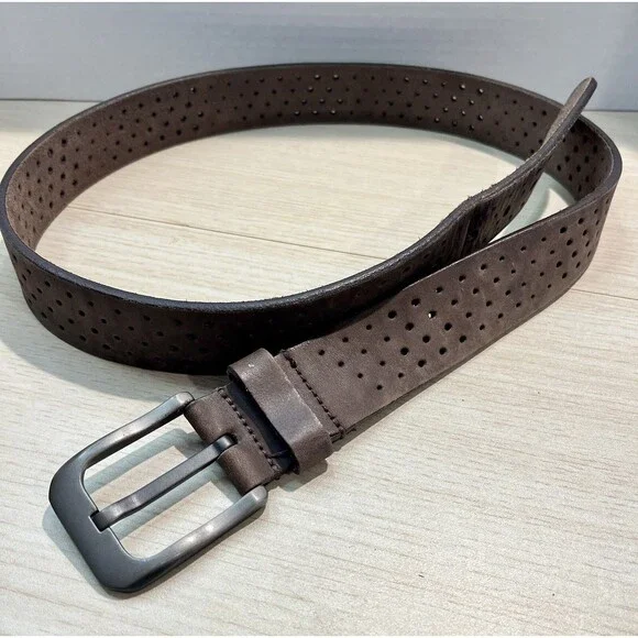 Men’s Brown Perforated Leather Belt Sz 38  Unknown Brand Brushed Nickel
