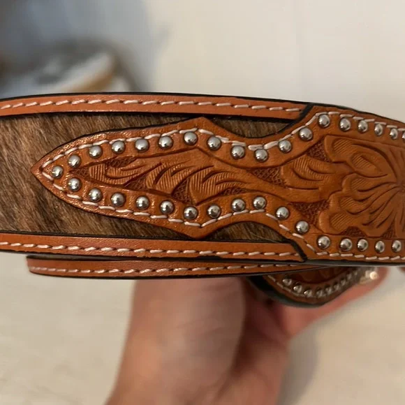 Ranger Hand tooled leather stitching belt cowhide calf hair studded conchos 32