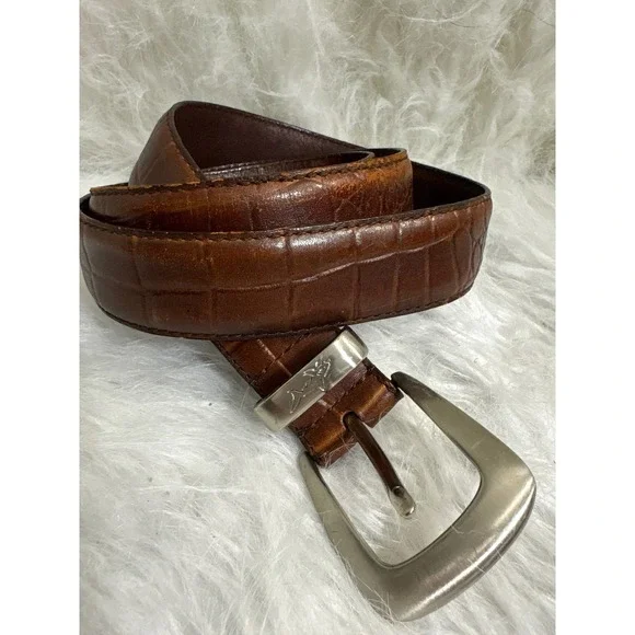 Greg Norman Brown Croc Embossed Leather Belt Silver Shark Logo Buckle Mens 37-40