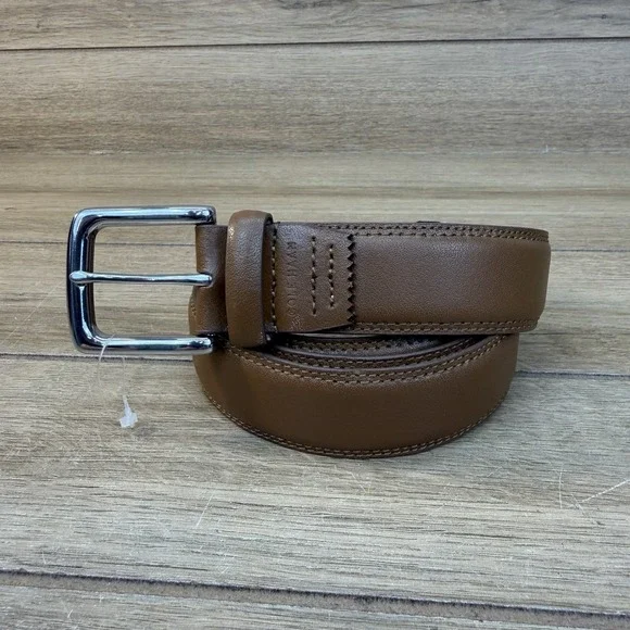 Cole Haan Leather Dress Belt Mens 44 Brown Detail Stitched Edge Silver Buckle
