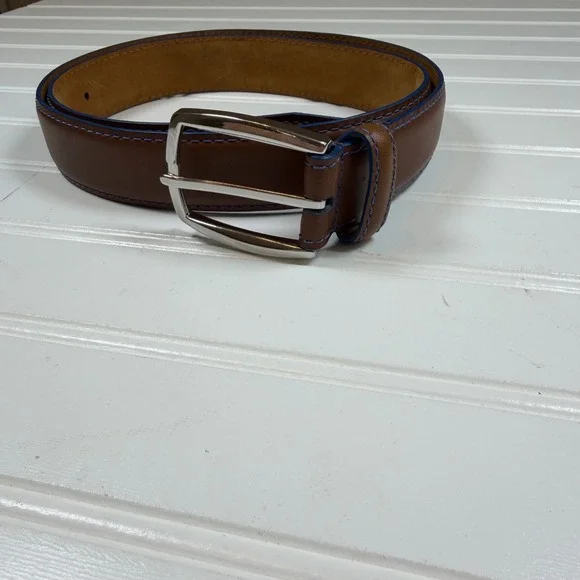 Lejon Mens Aniline Glove Leather Belt Tan Brown Blue Stitching USA Made Size 38