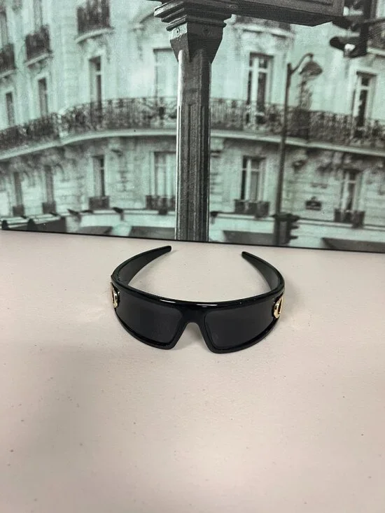 Y2K Wrap Around Headband Sunglasses Unisex Black PC Shades Gold CD Logo Buckle