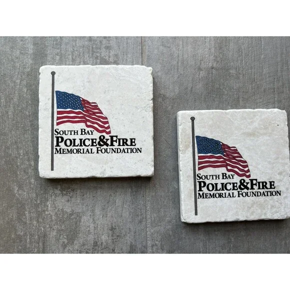 South Bay California Police & Fire Stone Cork Bottom Set of 2 Coasters NEW