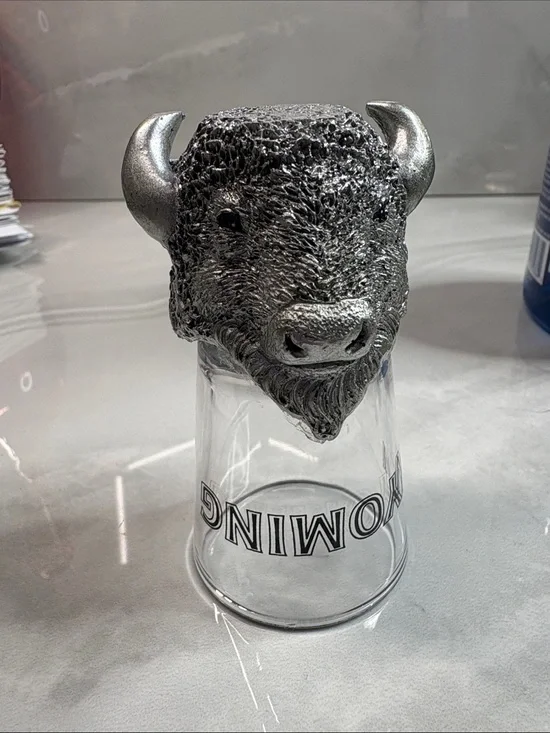 Vintage Wyoming Bison Head Novelty Shot Glass | Resin Buffalo Souvenir | Western