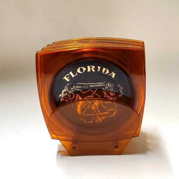 Vintage Amber Lucite Florida‎ Coasters in Holder Coastal Barware Cottagecore MCM