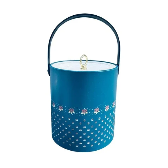 Georges Briard Vintage Ice Bucket Blue Floral Rose Vinyl MCM Barware with Lid