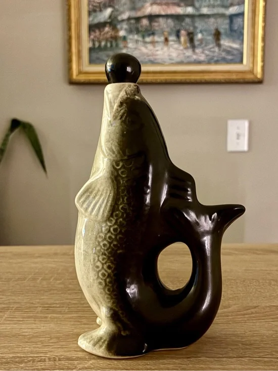 Handmade Ceramic Fish-Shaped Pitcher / Decanter in Olive Green and Dark Brown